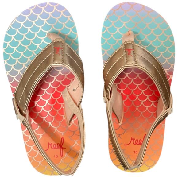 Reef Little Uni Gold rainbow mermaid flip flop sandal heel strap toddler 10 NWOT - Picture 4 of 5